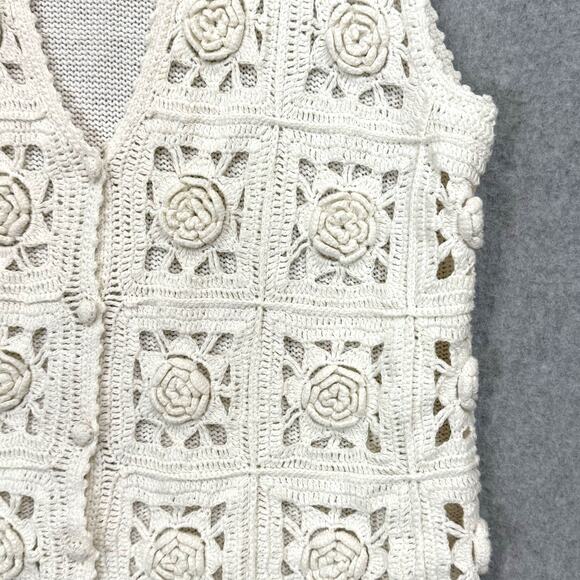 Vintage 90s Crochet Sweater Vest Sz L Cardigan Cottagecore Grannycore Rosette - Picture 5 of 16